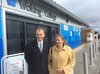 Tim Farron with Local Campaigner Louise Morales at Woking College