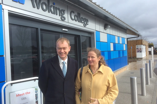 Tim Farron with Local Campaigner Louise Morales at Woking College