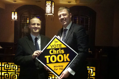 Woking Lib Dem campaigner Chris Took with Pensions Minister Steve Webb MP at the Eastern and Oriental in Woking