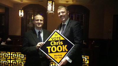 Woking Lib Dem campaigner Chris Took with Pensions Minister Steve Webb MP at the Eastern and Oriental in Woking